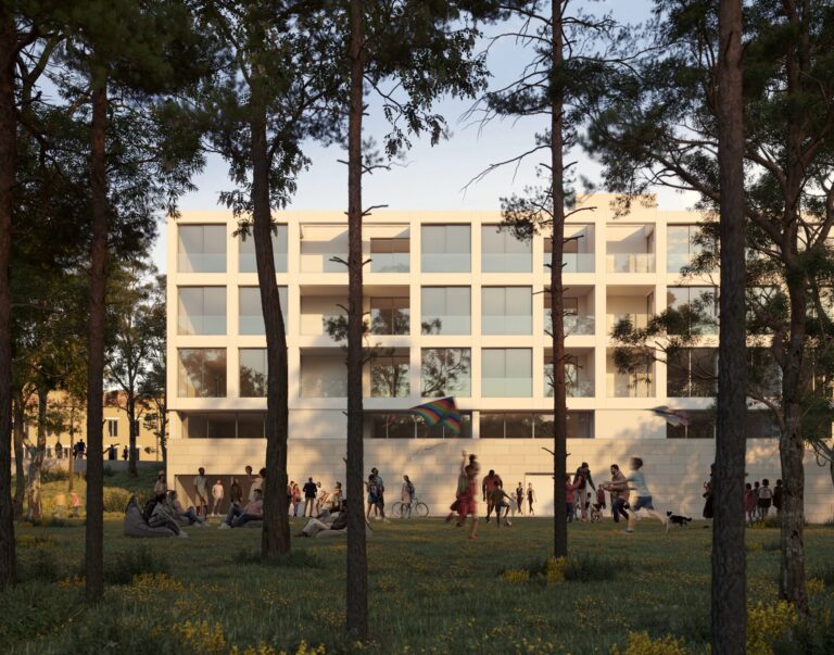 Fachada moderna do edifício Varandas do Parque com design contemporâneo, grandes janelas de vidro em São João da Madeira